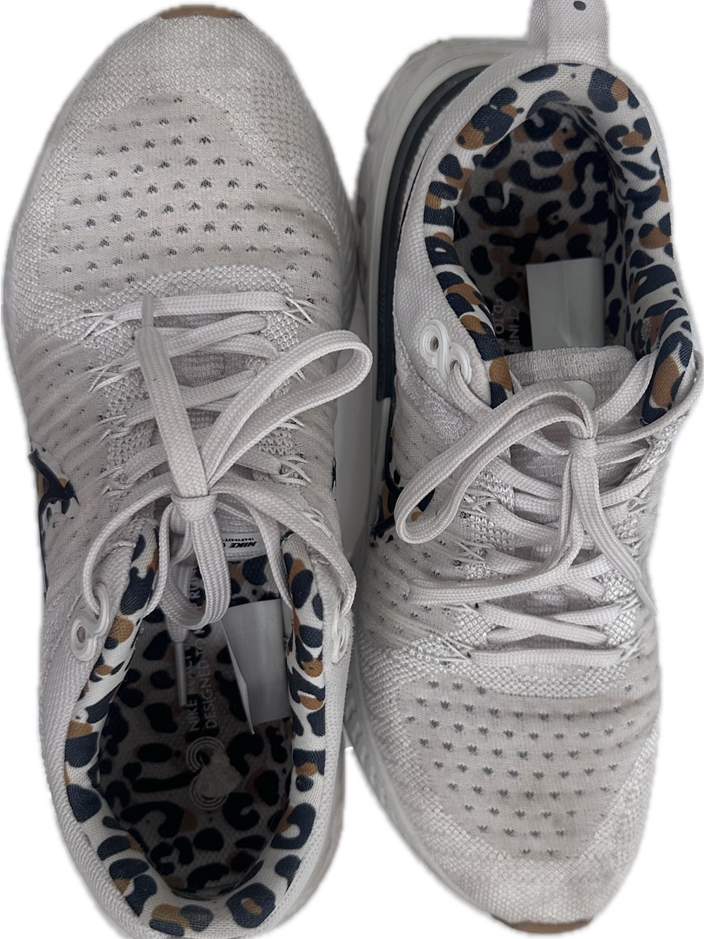 Nike White Knit Sneakers with Leopard-Print Collar
